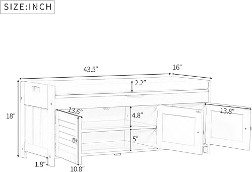 Miniatura 2 de SOFTSEA Banco de almacenamiento con 3 puertas en forma de persiana, banco de entrada de madera, banco de zapatos con cojín extraíble y
