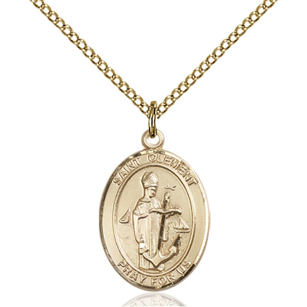Bonyak Jewelry Saint Medal Collection Custom Engraved Gold Filled St. Clement Pendant 3/4 x 1/2 inches with Gold Filled Lite Curb Chain