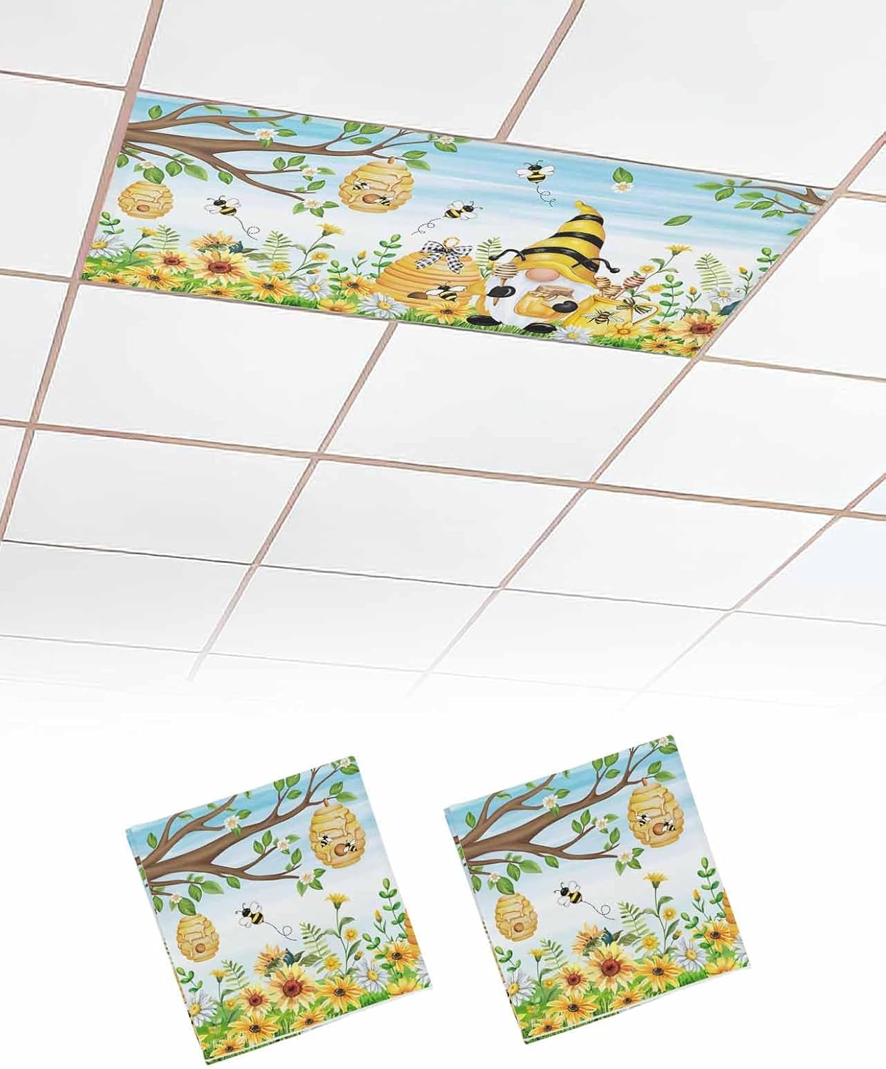 2 Pack Fluorescent Light Cover for Ceiling Lights, Summer Gnomes Magnetic Classroom Light Filters 4x2 Feet, Bee Spring Floral Botanical Watercolor Decorative Ceiling Light Covers for Office