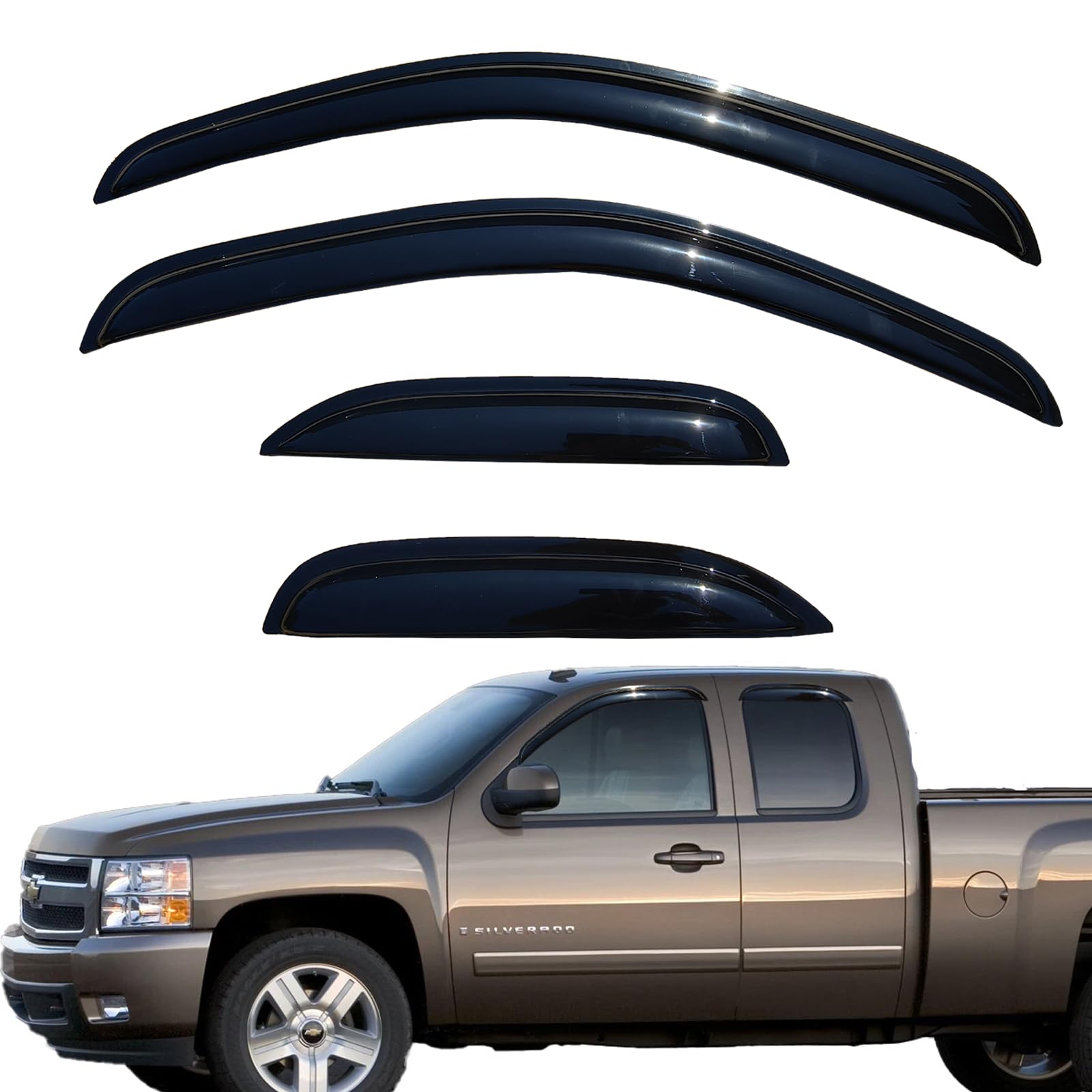 Tape On Window Visor Compatible with 2007-2013 Chevrolet Silverado GMC Sierra 1500/2500HD/3500HD Extended Cab, Side Vent Window Deflector Rain Guard Shade, Truck Accessories-4pcs