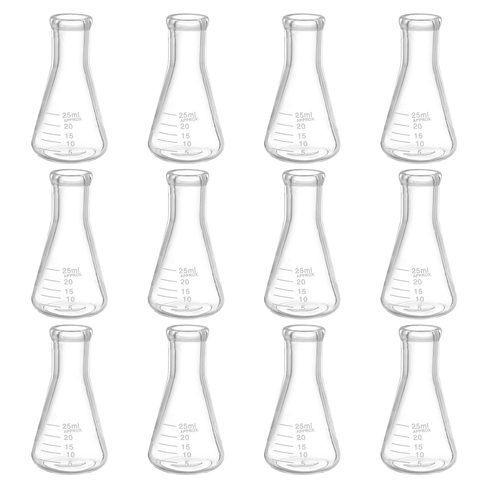 PATIKIL Ampolla Erlenmeyer, 12pz 25ml Ampolle a Bocca Stretta in Vetro Borosilicato Graduazione Stampata Esperimenti di Laboratorio, Chimica e Studio Scientifico