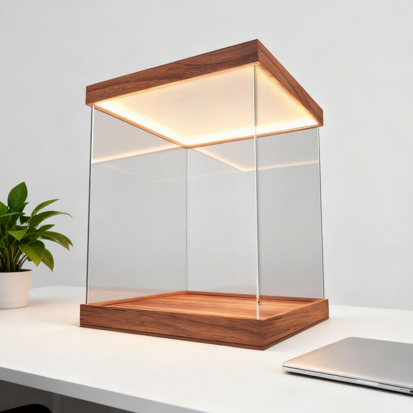 Akrylowa gablota Przezroczysta Gablota Akrylowa 15 20 25 30 40 50 60 70 cm, Duża Plastikowa Gablota z Oświetleniem LED, Alternatywna Osłona Przeciwkurzowa(Wood,30x30x30cm(12x12x12in))