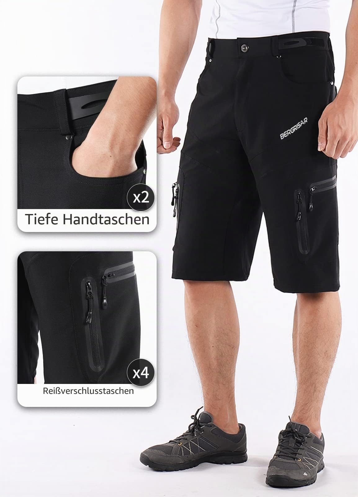 BERGRISAR MTB Hose Herren Kurz Fahrradhose Radlerhose Loose-fit mit 6 Tachen, Atmungsaktiv & Wasserabweisend