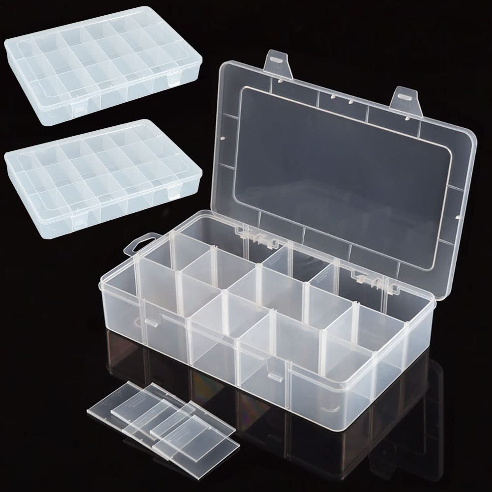 JforSJizT 3 Packs 45 Large Grids Sewing Thread Organizer Storage Box,with Adjustable Dividers,Clear Plastic Container Holder for Embroidery,Washi Tape