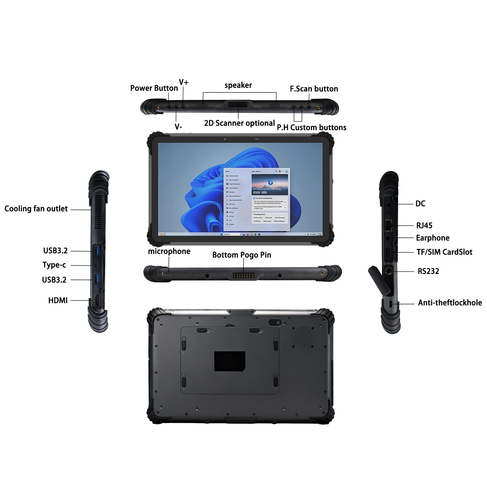 Kayoote ST13 Pro 13.3" Tablet Rugged Win 11 Pro, Intel Celeron N5100, 8GB RAM 256GB ROM, Impermeabile IP65, 1080P FHD, 4G, GPS, Fotocamera 13MP, 8000mAh, Lettore NFC, RS232