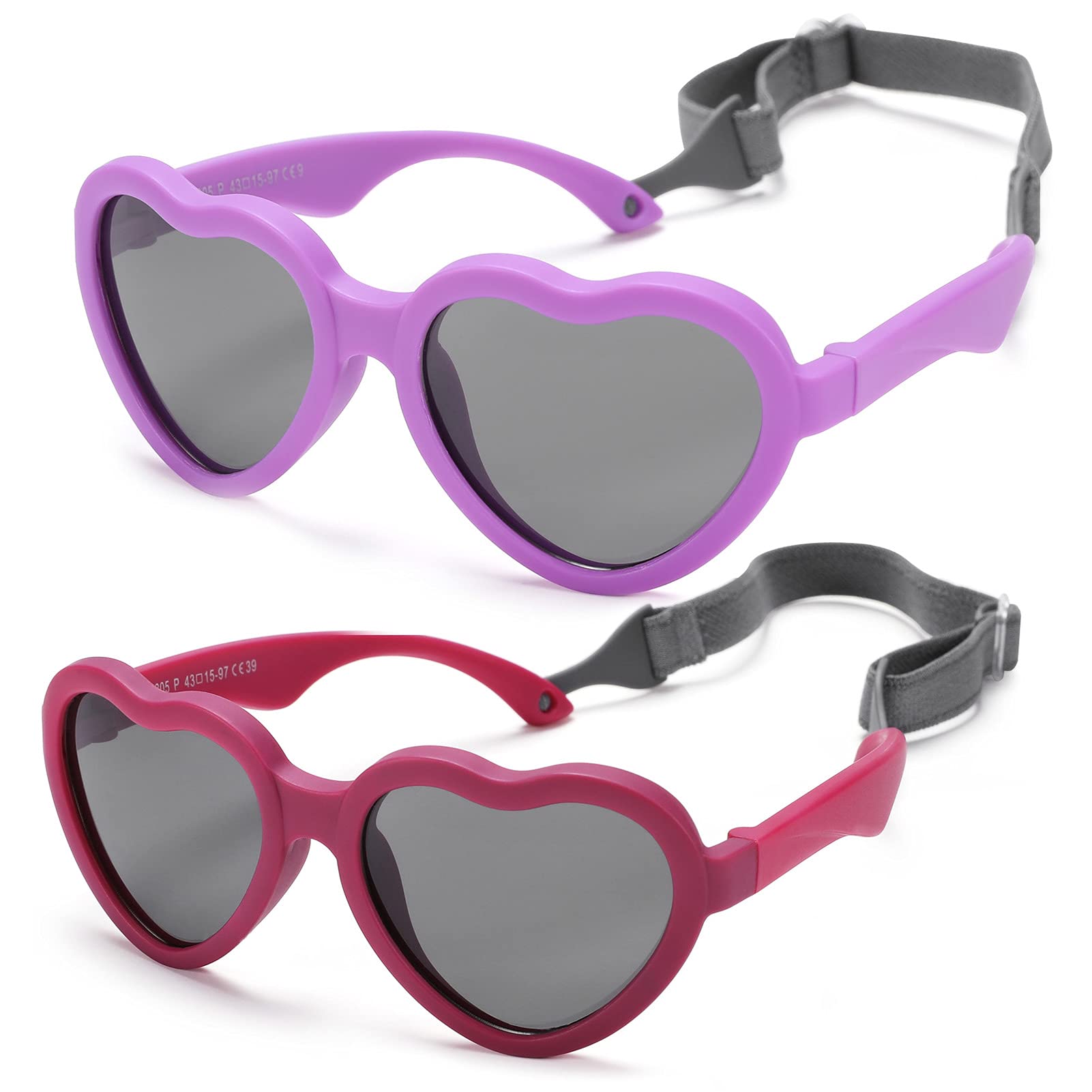 NULOOQ Flexible Heart Shaped Baby Polarized Sunglasses with Strap Adjustable Toddler & Infant Age 0-24 Months (Red/Gray + Purple/Gray) - 2 Pack