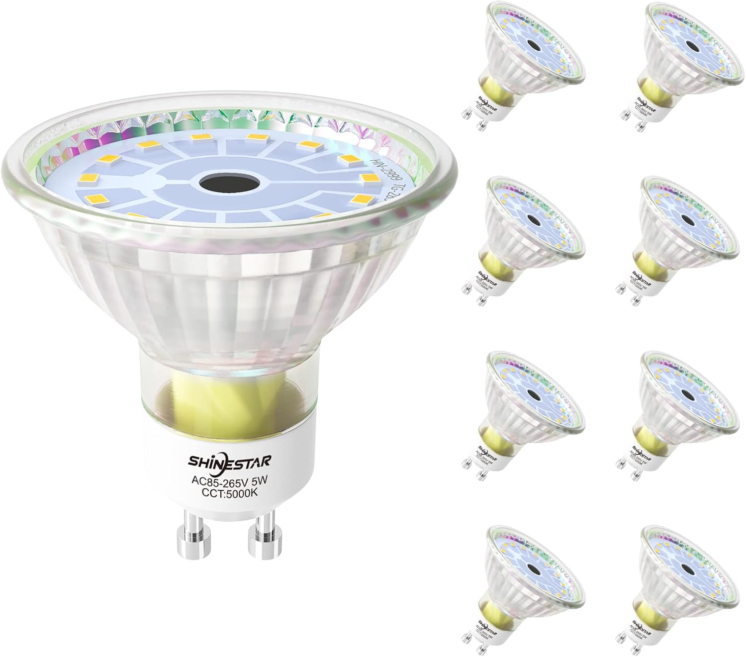 SHINESTAR 8-Pack GU10 LED Bulbs, 5000K Daylight, 50W Equivalent, MR16 Light Bulb with 2 Prongs, Non-dimmable