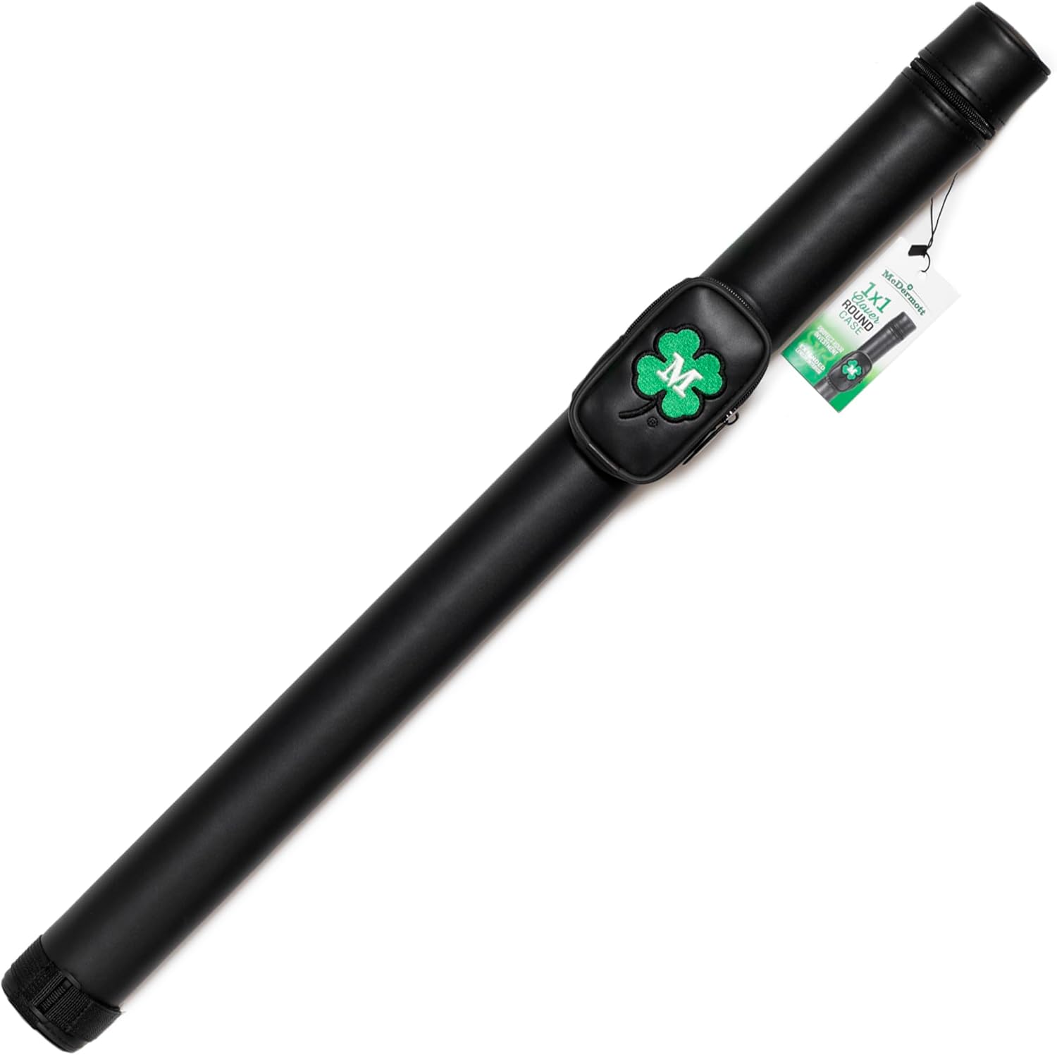 Black hard case for McDermott pool cues with an embroidered McDermott clover logo