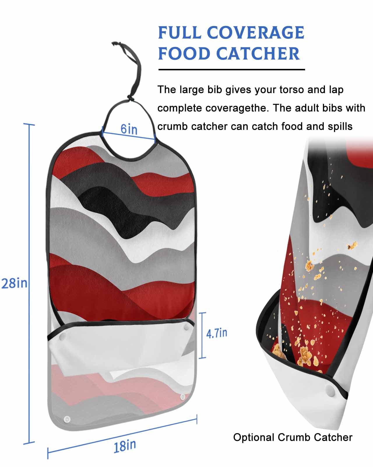LEOKOTI Red Black Ombre Adult Bibs for Eating, Waterproof Bibs with Food Catcher & Adjustable Snap Closure, Modern Geometric Moire Abstract Art Washable Clothing Protectors Adult Bibs for Elderly