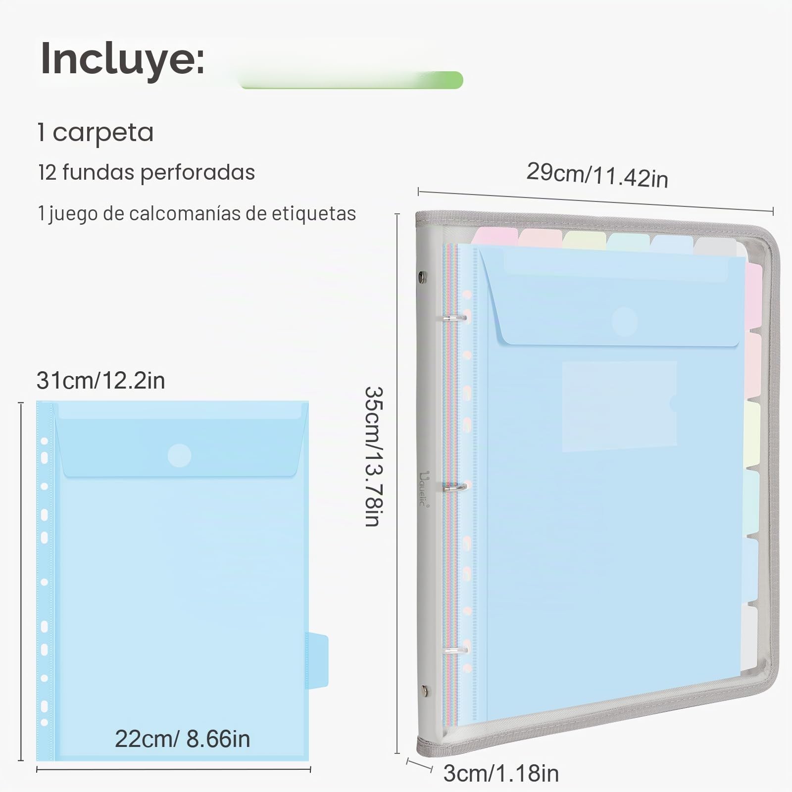 Uquelic Carpeta 3 Anillas A4– Carpetas Archivadoras con 12 Fundas Plástico A4 para Organizar y Archivar Documentos, Carcasa Blanda de PVC (Macarrón Transparente)
