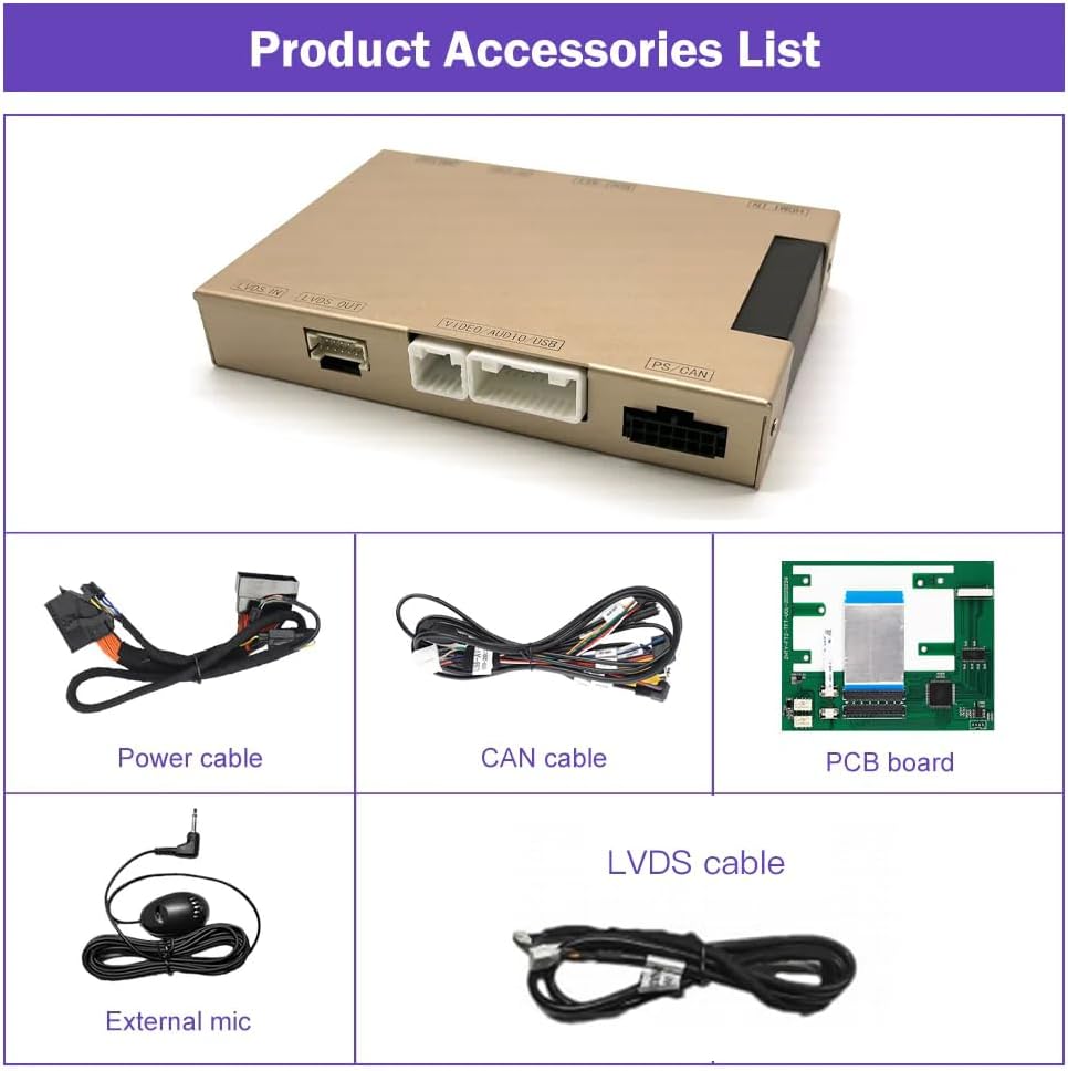 Image showing the CarPlay interface box and various accessory cables including power, CAN, PCB, LVDS, and external microphone.