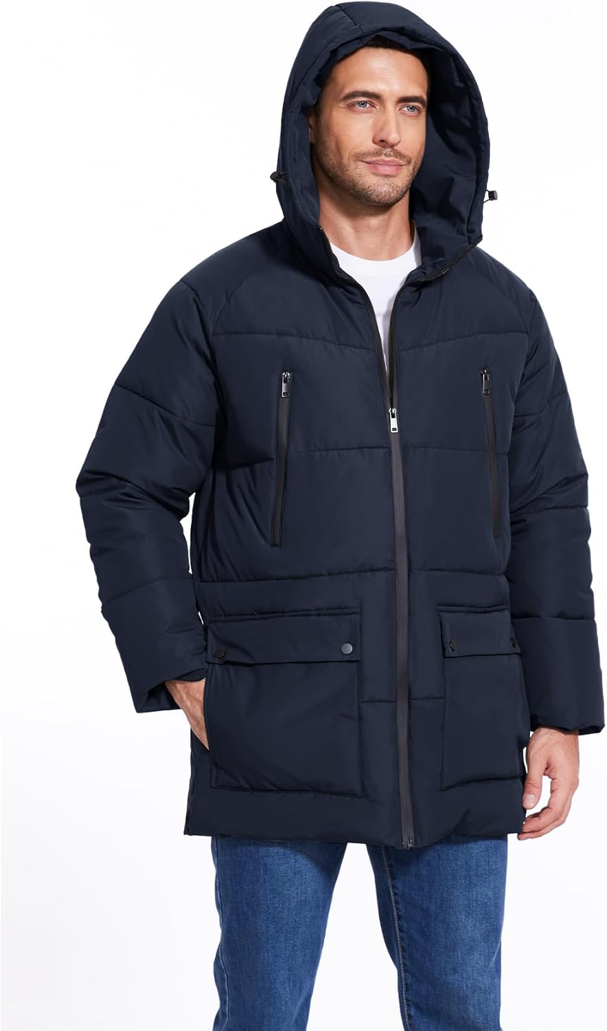 Mens Winter Coats Water-Repellent Windproof Thicken Parkas Long Hooded Padded Puffer Jacket with Pockets - Image 2