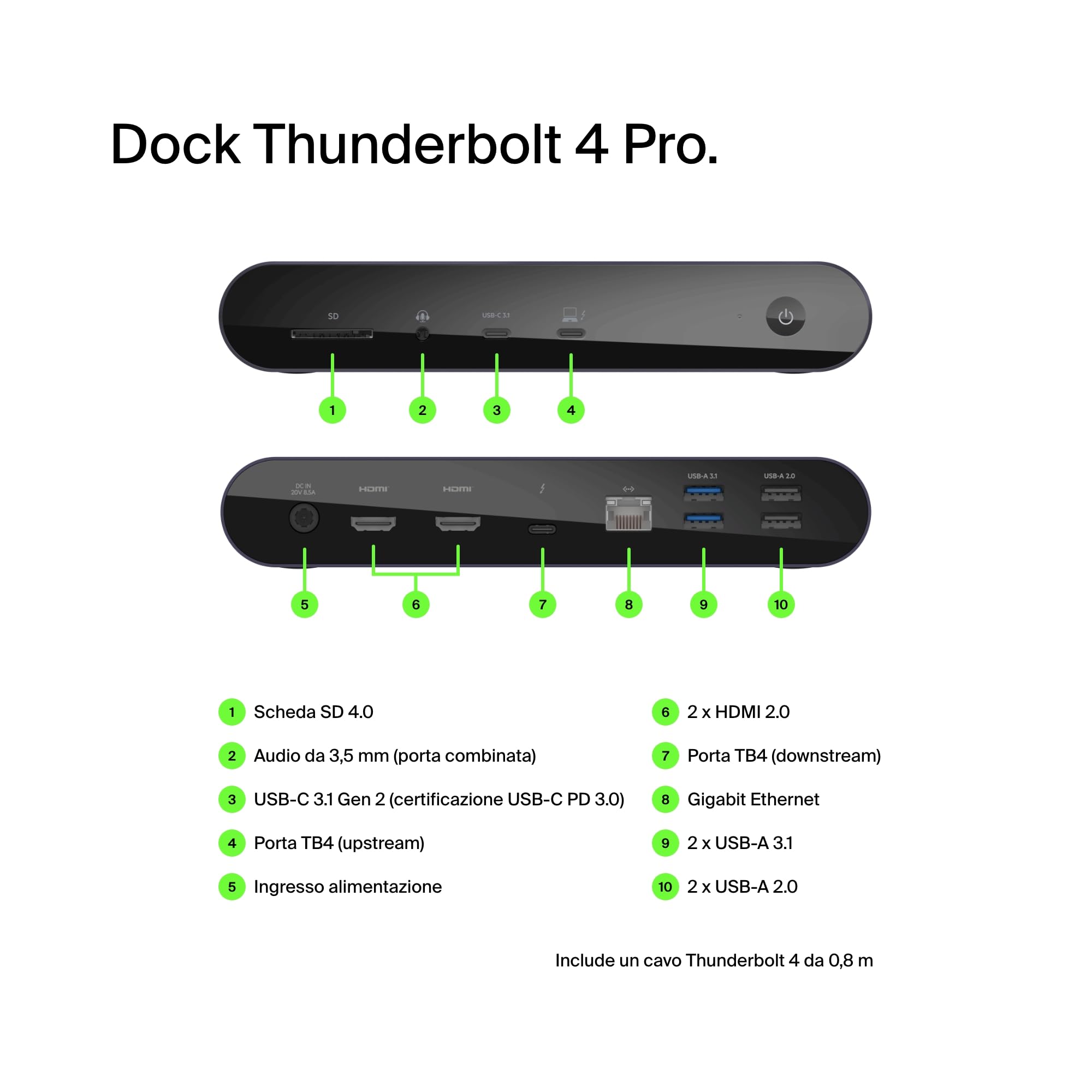 Belkin Dock Thunderbolt 4 Pro, supporto di 1 monitor 8K a 60 Hz, 2 monitor 4K, 2 porte Thunderbolt 4, 2 porte HDMI, USB-C PD da 90 W, ingresso/uscita audio, compatibile con MacBook Pro, XPS e altri