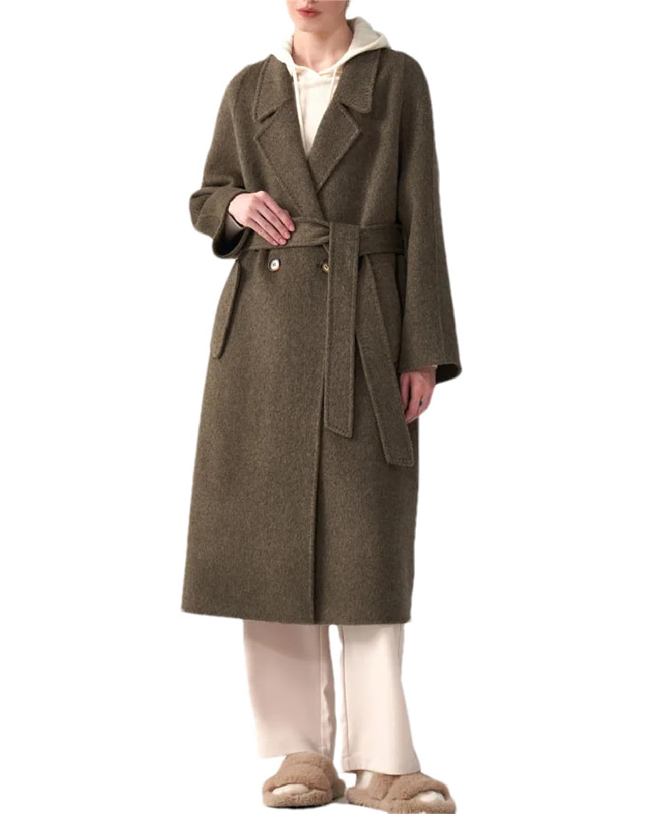 Women'S Cashmere Wool Blend Pea Coat Comfortable Soft Notched Lapel Belt Double Breasted Dressy Trench Coat