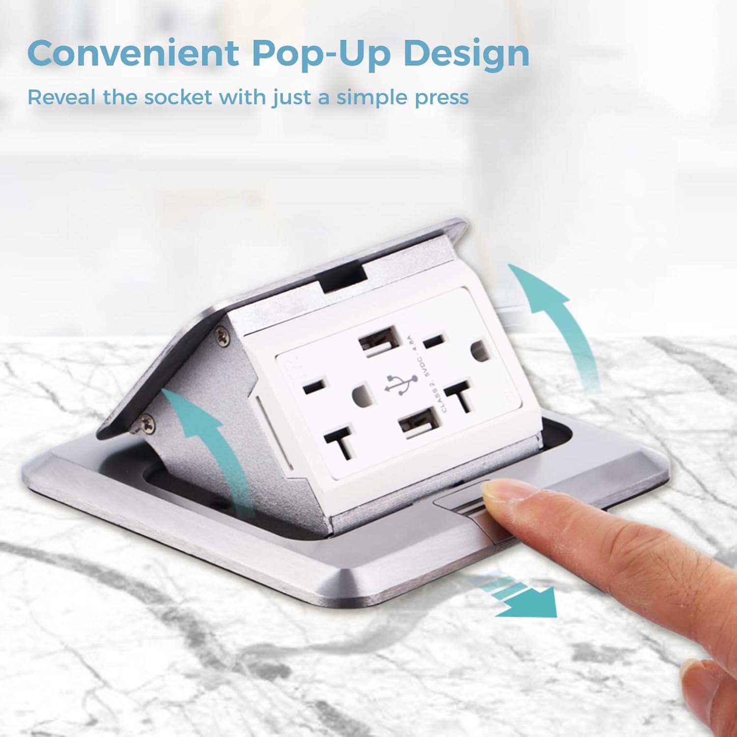 Pop Up Floor Outlet Box, Waterproof Electrical Recessed Outlet Box with 20A Tamper-Resistant Receptacle Socket & 4.8A USB Chargers, Floor Outlet Cover Plate Kit for Kitchen Countertop