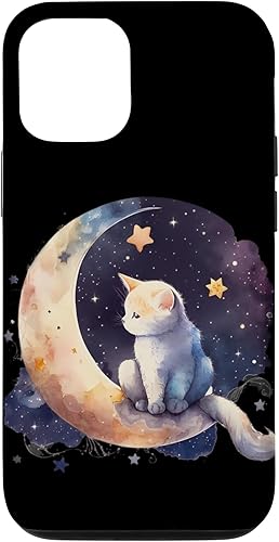 Funda para iPhone 13 con diseño de gato y luna creciente y fases lunares moradas
