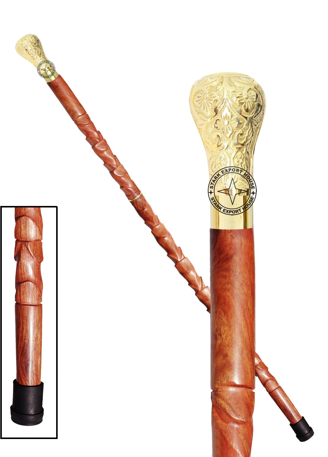 Walking Cane Rosewood Designer Wooden Walking Stick with Brass Handle Gift for Men & Women 37 inch Brown RWLK