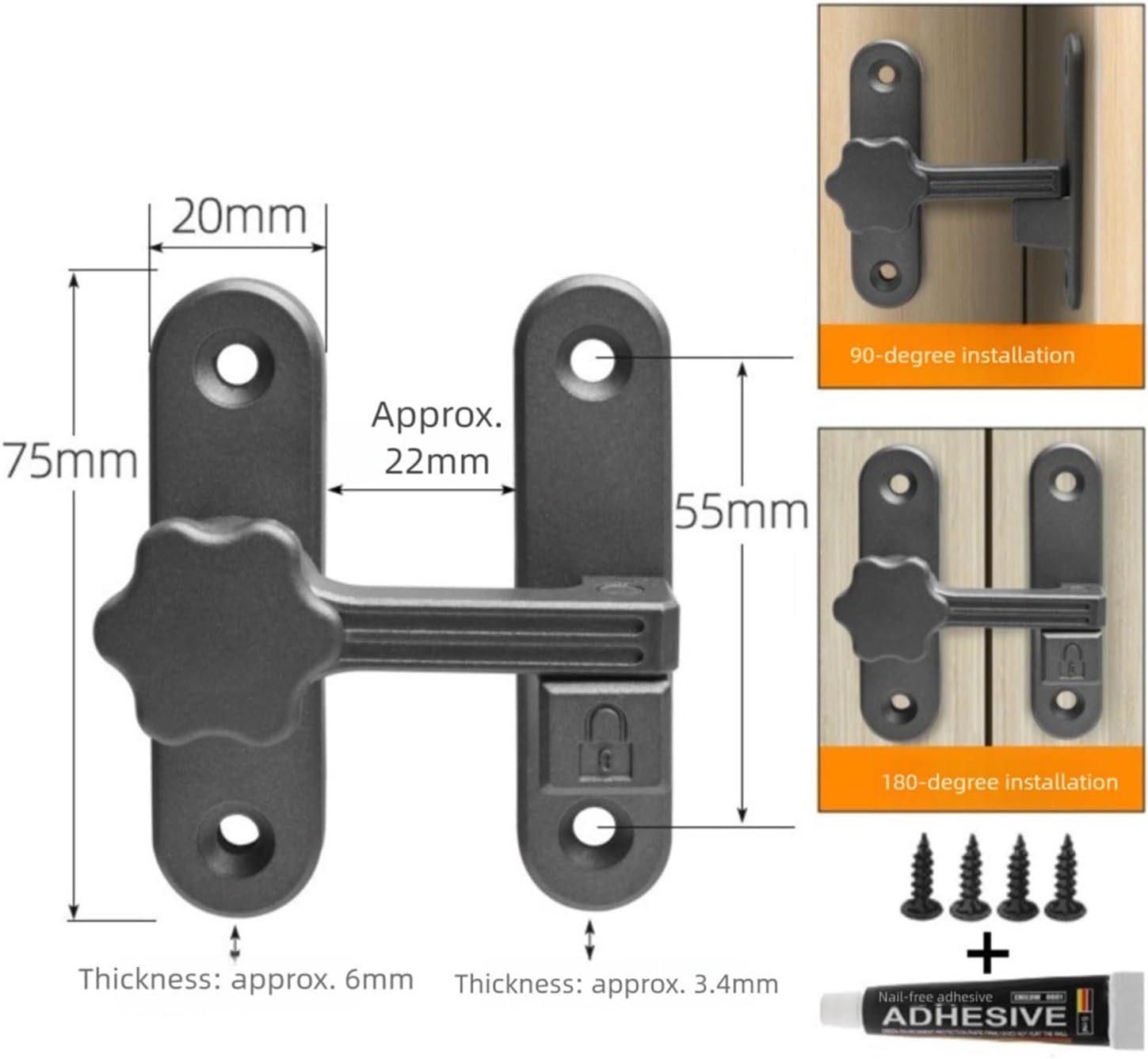 Barrel Bolt Latch Barrel Bolt Latch 2pc Zinc Alloy Luminous Door Lock 90/180 Degree No Punching Sliding Burglar Proof Privacy Protection(Gray)