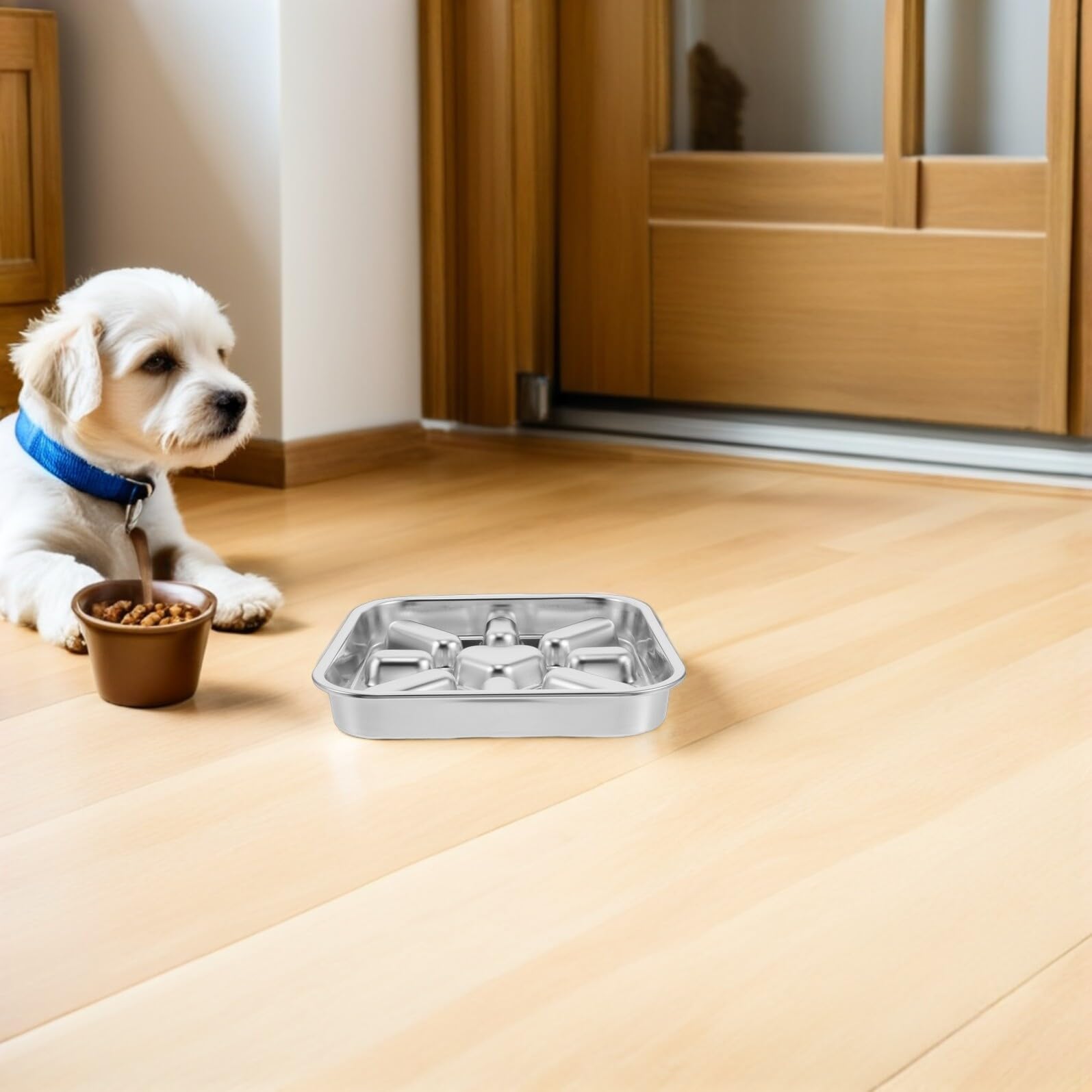 Comedero Lento Laberinto para Perros y Cachorros Acero Inoxidable Plata | 23x23 Cm, Resistente al Óxido, Limpieza Sencilla, Base Antideslizante, Diseño de Alimentación Pausada