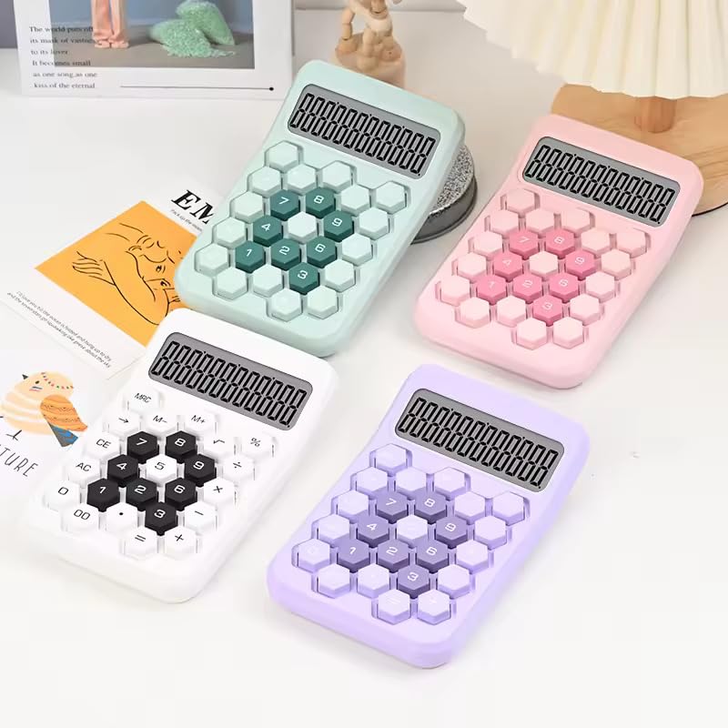 Image of Colorful Candy Mechanical Calculator - Cute 12 Digit Large LCD Display, Big Round Button, Easy to Press - for School, Office, Business, Home - Automatic Sleep (Multi-Color) (Design-4)