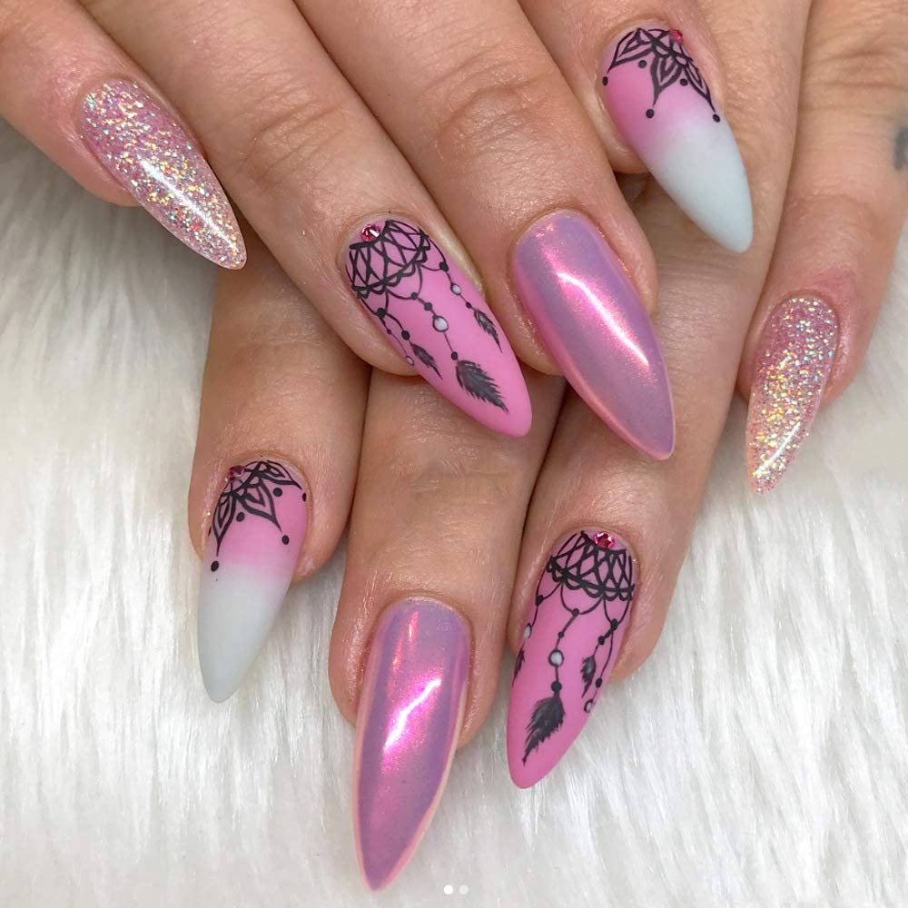 Set di 6 piastre per nail art, con 1 timbro trasparente, 1 raschietto (acchiappasogni, erba, motivi, foglie, coniglio, gatto)
