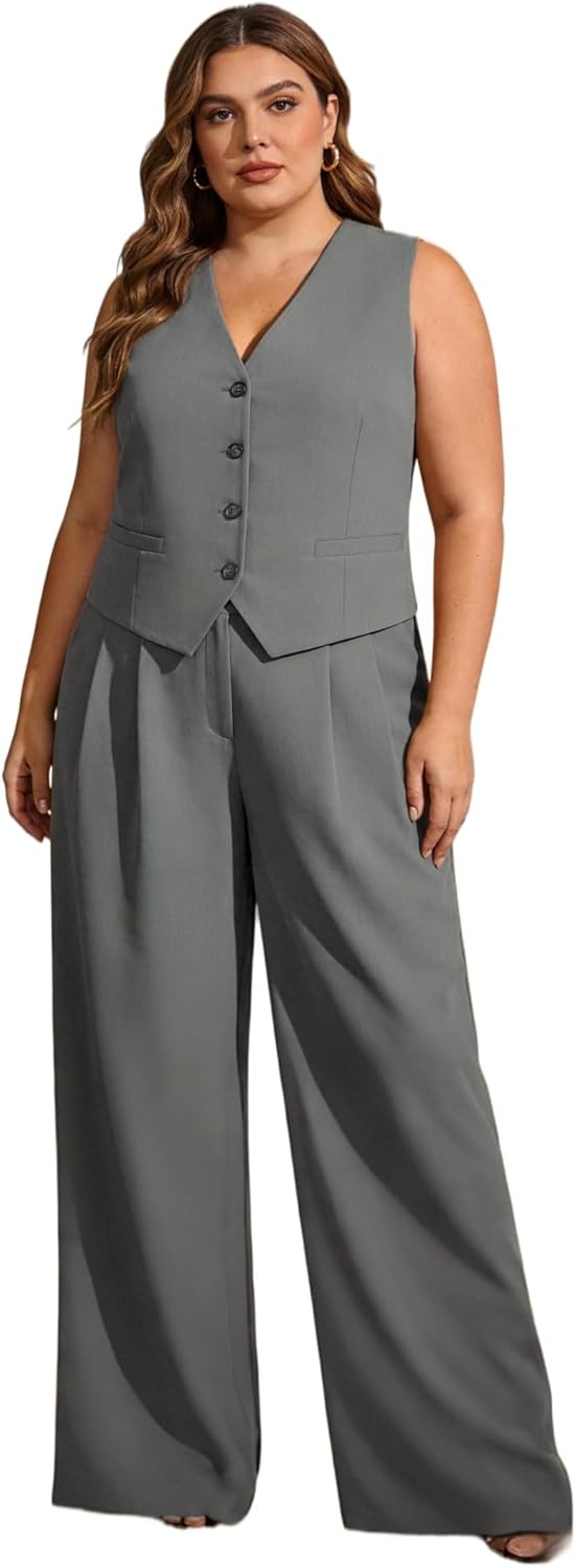 Plus Size 2 Piece Outfits Womens Blazer Vest Wide Leg Pants Set Loose Fit Casual Dressy Suits for Office