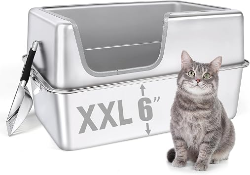 Stainless Steel Cat Litter Box, 23.6" L x 15.7" W x 11.8" H XXL Extra Large Semi Enclosed Removable Metal Litter Tray with High Sided Enclosure, Scoop, Non-Sticky, Easy Cleaning