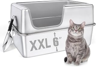 Cat Litter Stainless Steel XXL, 60cm L x 40cm W x 12 in H Extra Large Semi-Closed, Removable Metal Cat Litter Box with High Sidewalls, Cat Scoop, Non-Sticking, Easy Cleaning