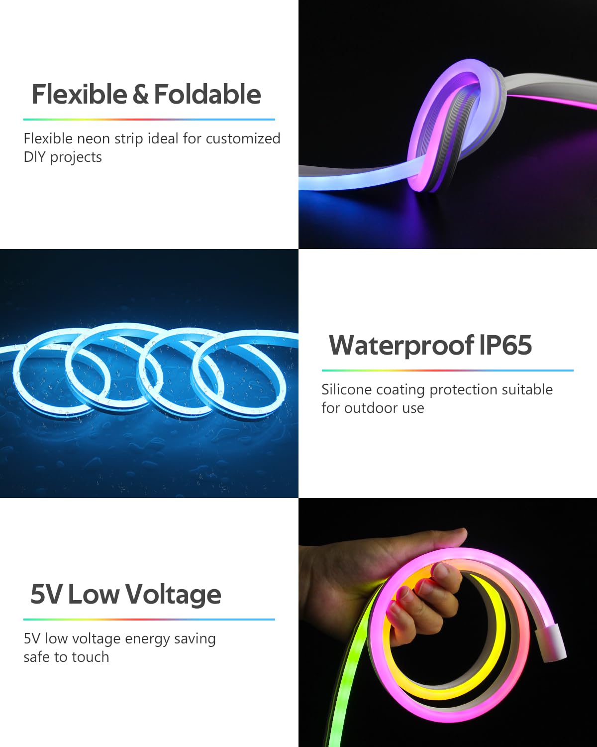 Aclorol RGB LED Neon Strip Lights 2M 5V USB Addressable LED Rope Strip Dimmable LED Neon Flex Music Sync with App Control Waterproof for Bedroom Indoor Outdoor Gaming Room Bar Party Decoration - Image 3