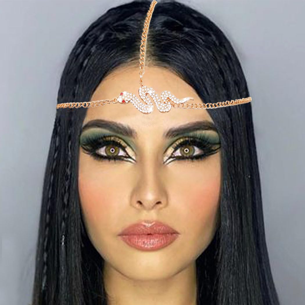 CAKUREGold Snake Head Chain Sparkle Rhinestone Snakes Head Jewelry Egyptian Headpiece Jewelry Festival Halloween Hair Accessories for Women