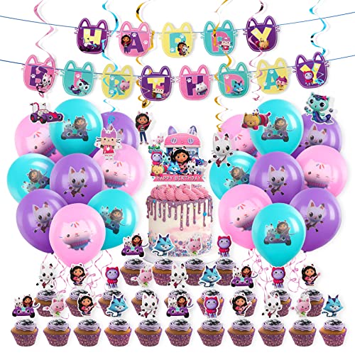 Gxhong Decoración Cumpleaños Gabby's Dollhouse 50pcs Decoraciones para Fiesta de Cumpleaños,Globo, Pancarta Feliz Cumpleaños,Cake Topper,Suministros de Fiesta de Cumpleaños para Niños Cover
