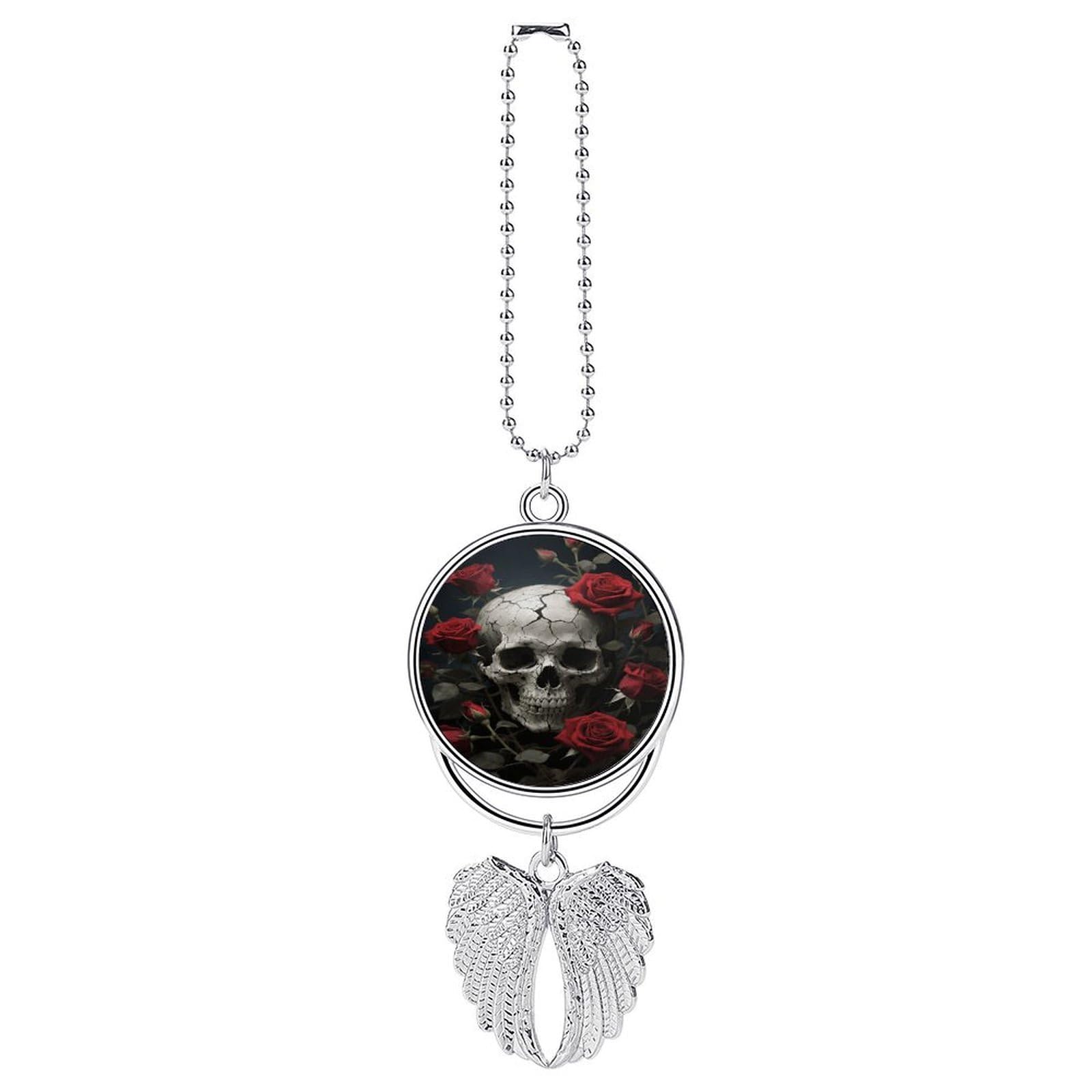 Skull Rose Car Pendant Car Rearview Mirror Pendant Custom Photo Car Hanging Ornament Car Rear View Mirror Hanging Accessories Angel Wing Car Charm Gift for Men Women