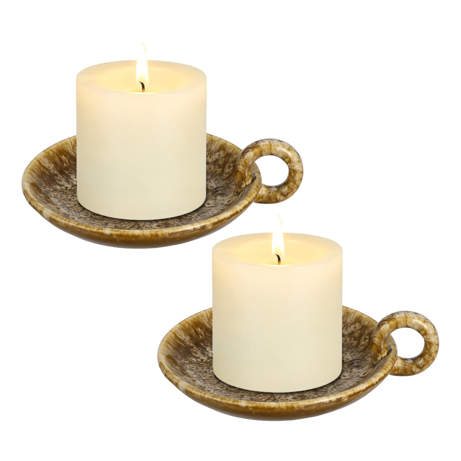 PATIKIL 2 Pcs Ceramic Candle Holders Plate, Khaki Vintage Candle Plate Round Tray with Handle Incense Holder for Burning Dining Room Home Decor Party Wedding Birthday Anniversary