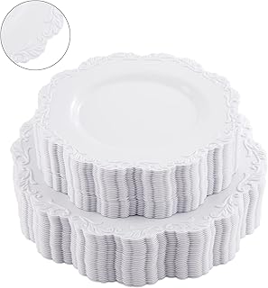 PULOTE 60PCS White Plastic Plates-Heavyweight White Plates, White Disposable Plates Include 30PCS White Dinner Plates, 30P...