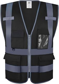 Dazonity High Visibility Safety Vest with Multi Pockets and Zipper, XL,Reflective Strips, Fit for Men & Women, Work, Construction,Cycling, Runnning, Surveyor, Volunteer (Black-XL)