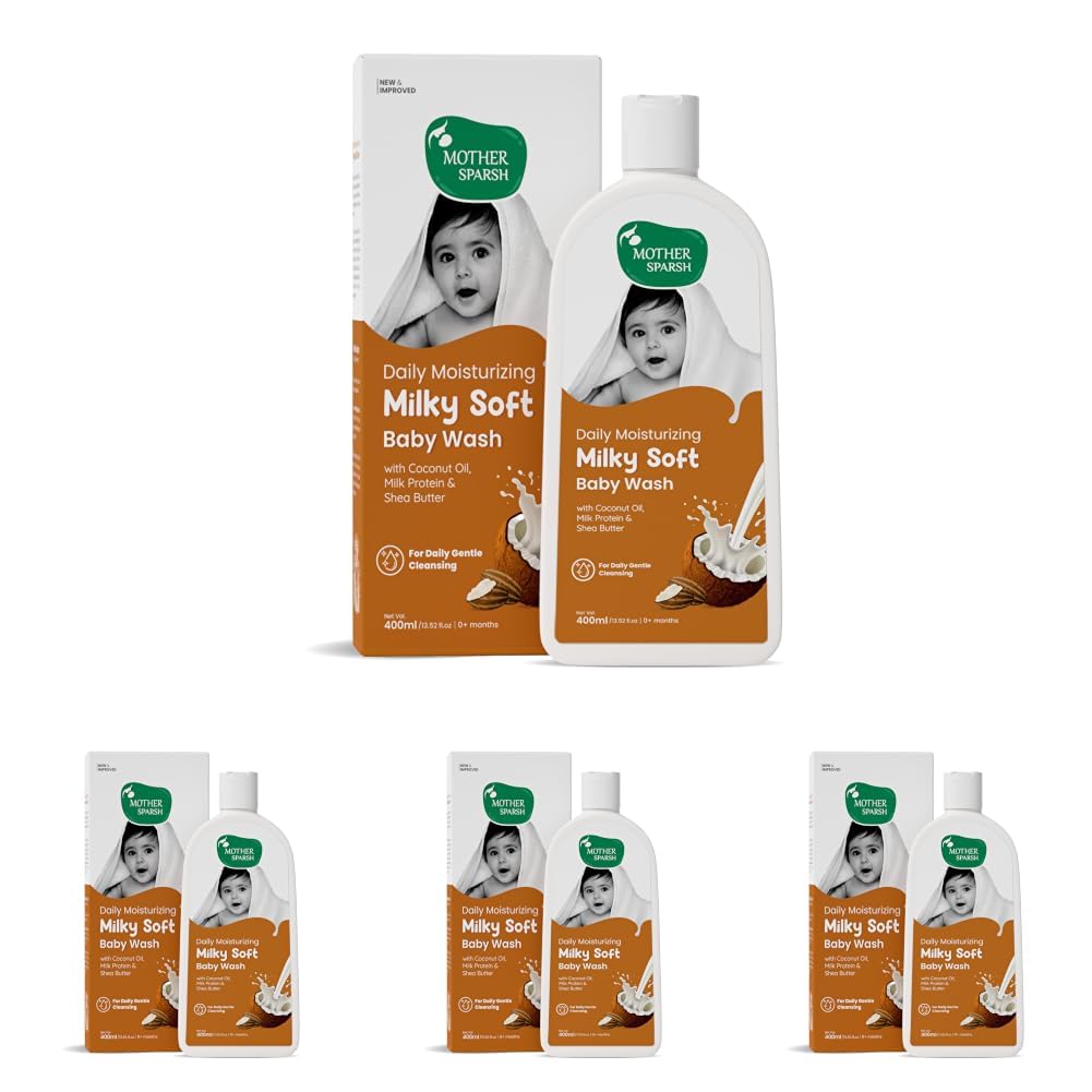 Mother Sparsh Milky Soft Baby Body Wash - 400ml | With Milk Protein & Coconut Oil | pH Balanced & Paraben free Natural Baby Wash | Tear Free Formula for Baby Bath (Pack of 4)-image-1