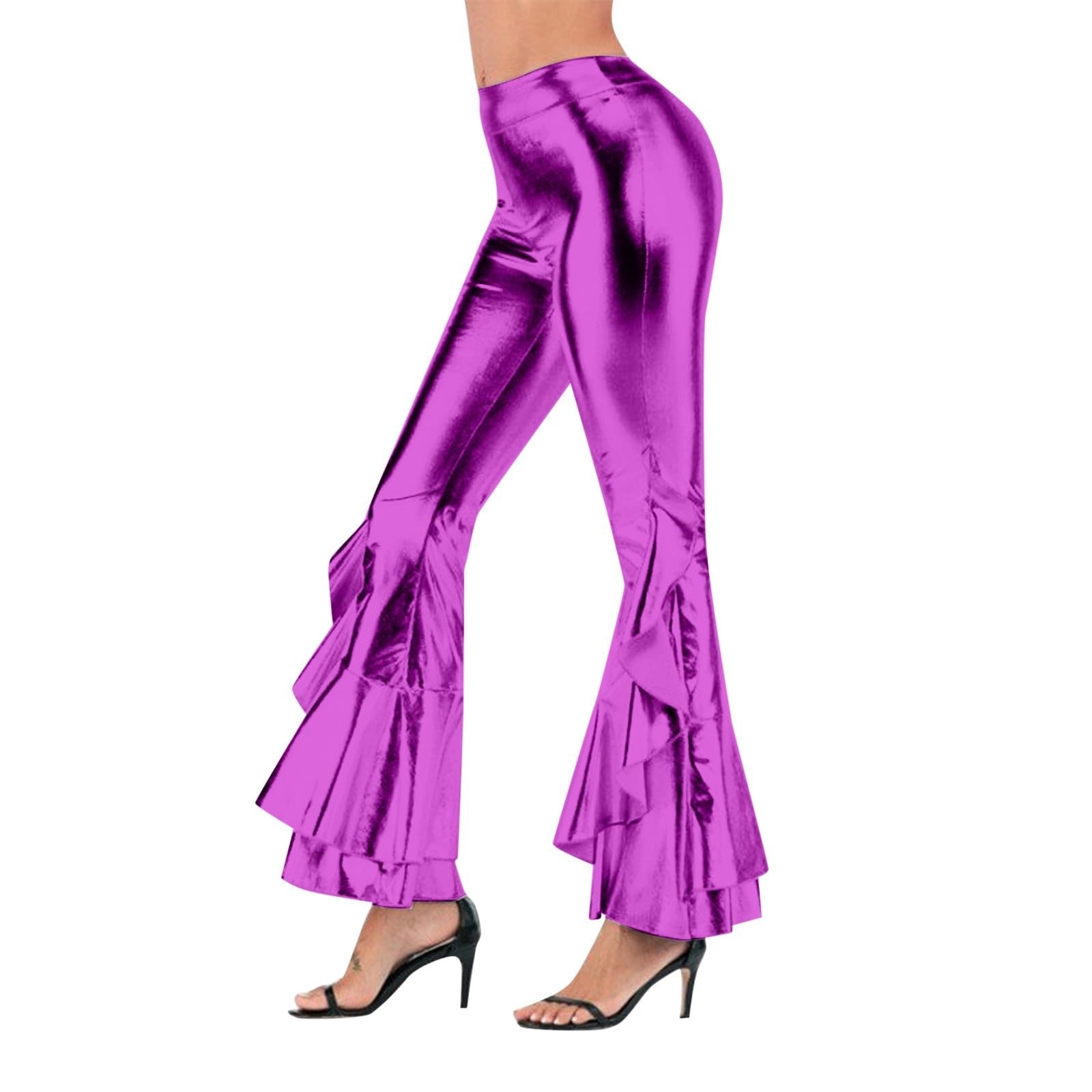 70s Flared Trousers Women's Metallic Shiny Flared Trousers Glitter Leggings High Waistband Boot Cut Long Trousers Slim Leggings Wet Look Stretch Dance Trousers Party Disco Clubwear Comfort