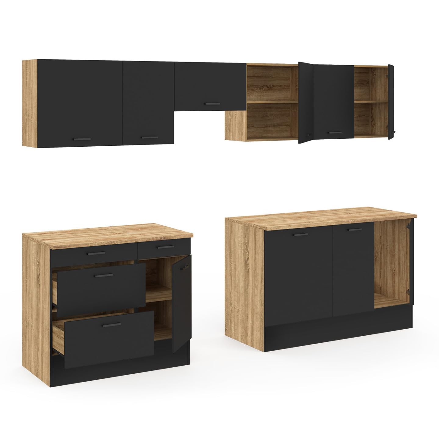 IDMarket - Cuisine complète casserolier 300 cm Subtil avec Plan de Travail 9 éléments Bois et Noir