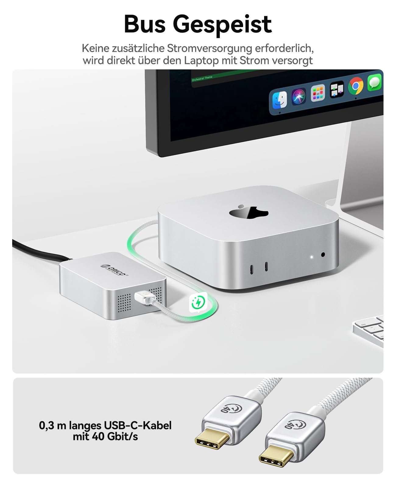 ORICO USB 4 to 10GbE Ethernet Adapter for Thunderbolt Unterstützt 10Gb/s, 5Gb/s, 2.5Gb/s, 1Gb/s und 100Mb/s Base-T, Kompatibel mit Thunderbolt 3/4/5 Geräten, mit 0.3M 40Gbps C zu C Kabel