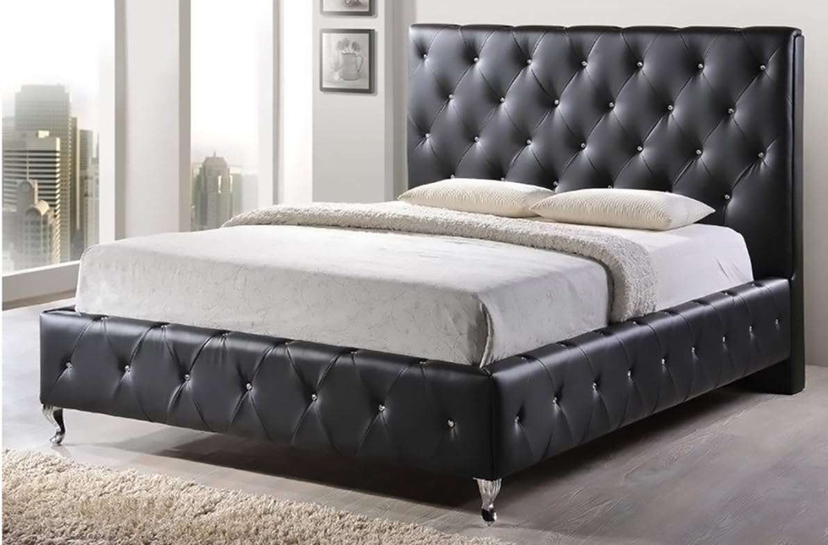 Baxton Studio Stella Crystal Tufted Black Modern Queen Bed with Upholstered Headboard
