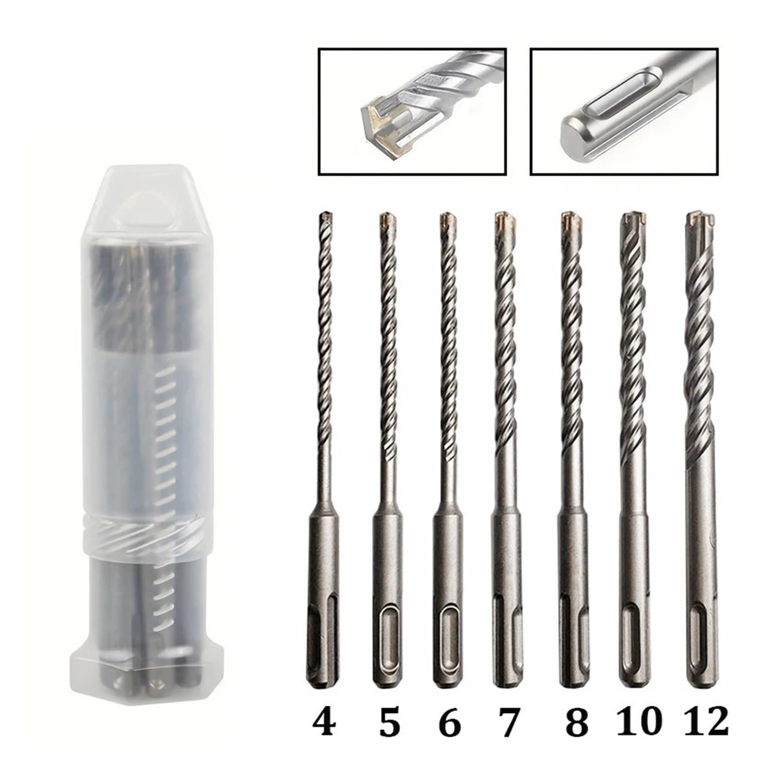 Set di punte per martello perforatore SDS Plus, 7 pezzi, punte per calcestruzzo con 4 taglienti, lunghezza 110 mm, diametro 4/5/6/7/8/10/12 mm