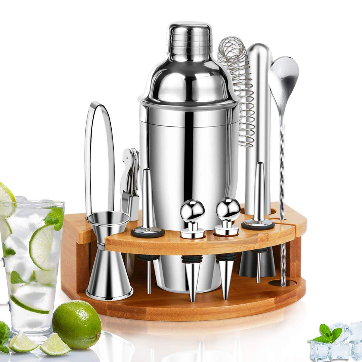 BestGKBartender Kit Cocktail Shaker Set, Perfect Home Bartending Kit with Stylish Stand, 25oz Stainless Steel Martini Shaker with Cocktail Recipes Booklet