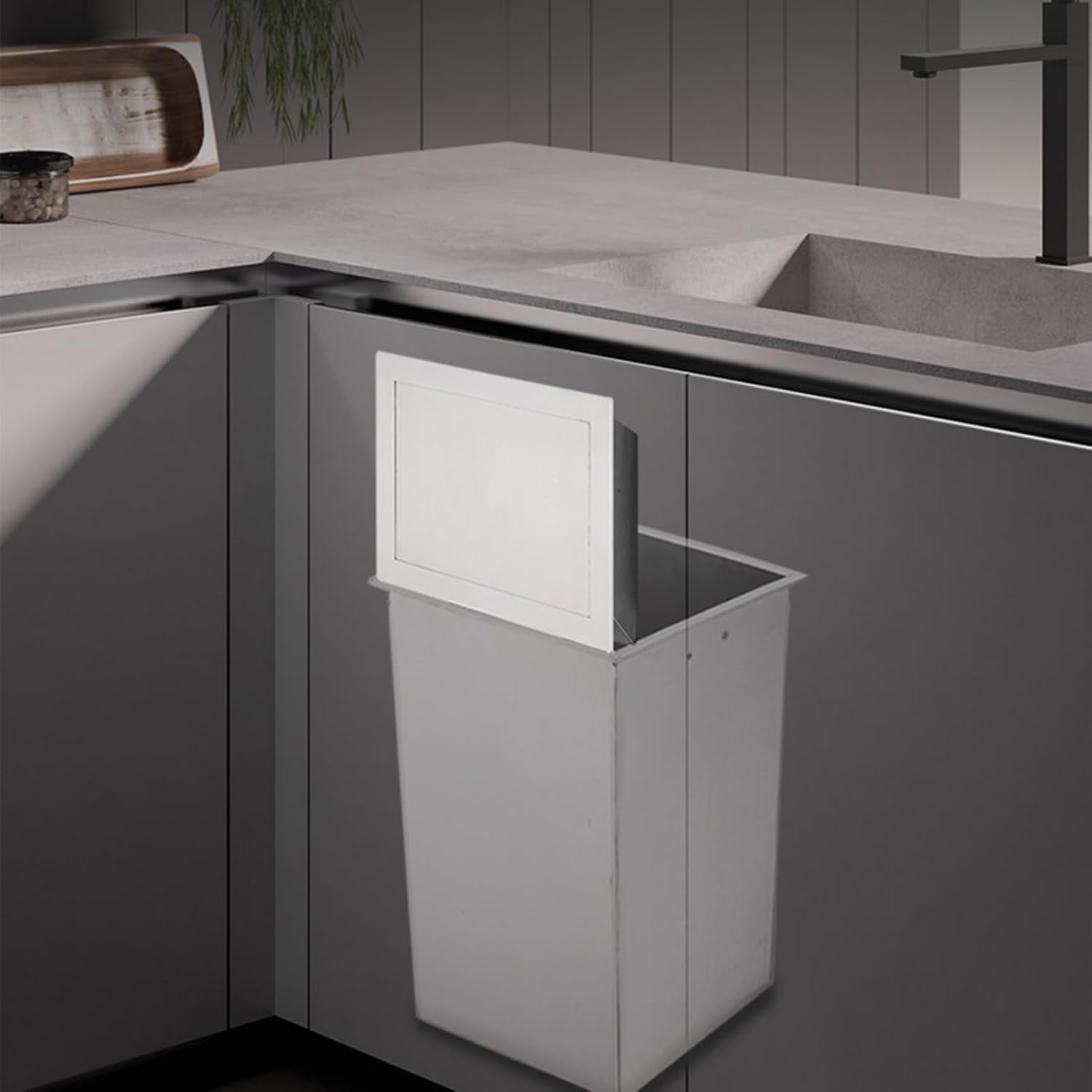 Embedded Installation Trash Bin Lid, Rectangle Stainless Steel Side Opening Trash Can Cover, Space Saving, Built-in Kitchen Wall Mounted Garbage Door,Black,Style B (Silver Style C)