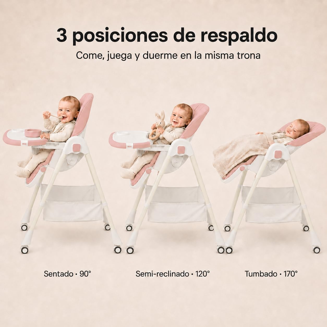 ALMAR Baby Trona de bebe evolutiva, plegable, elevable y reclinable con bandeja extraible color Rosa
