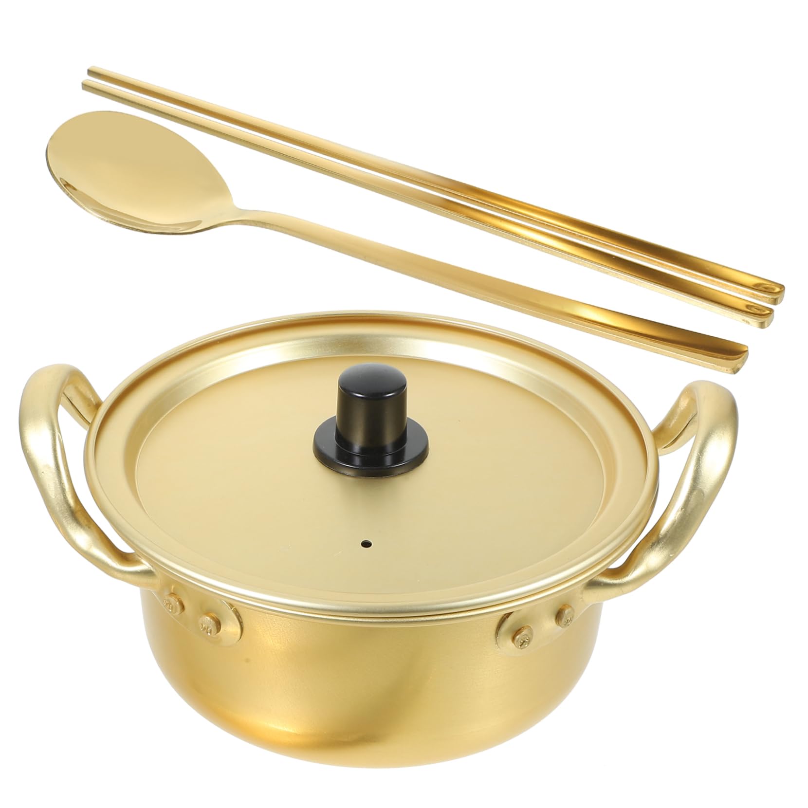 HEALEEP 1set Korean Ramen Pot with Double Handles Deep Soup Pot Easy to Clean Aluminum Cookware Includes Spoon and Chopsticks Safe and Convenient for Noodles and Soups