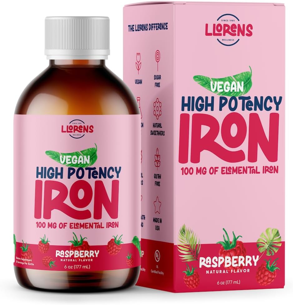 Iron Supplement Liquid Iron High Potency Iron for Women & Adults by Llorens - 100mg Polysaccharide Iron Complex Iron Supplements for Anemia and Iron Deficiency, (Raspberry, 6 oz)