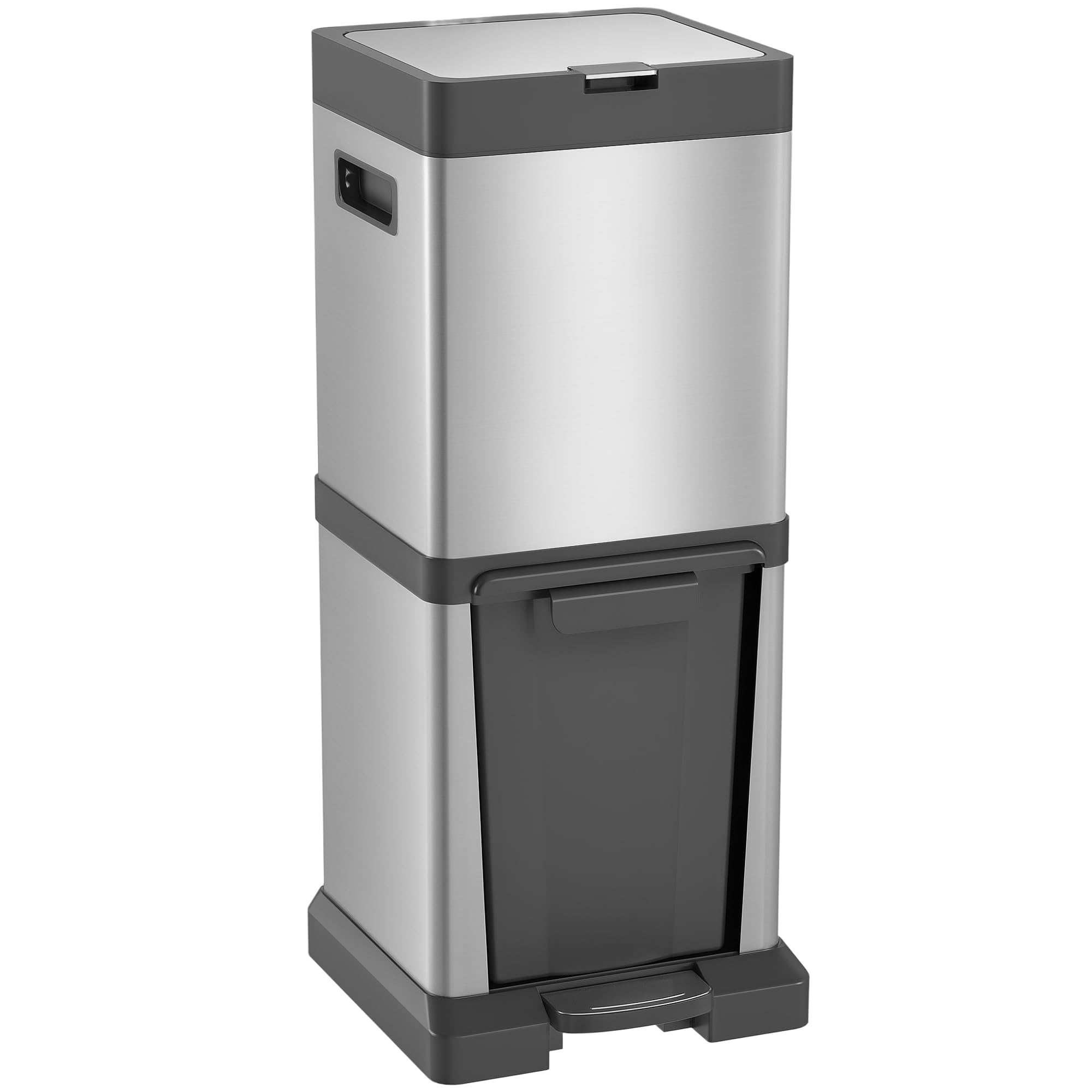 HOMCOM Mülleimer 20+14L Treteimer Abfalleimer mit Deckel Fußpedal Kippfach Müllbehälter mit herausnehmbare Inneneimer, Soft-Close-Funktion für Wohnzimmer Büro Edelstahl Silber 32,5 x 31,5 x 78 cm