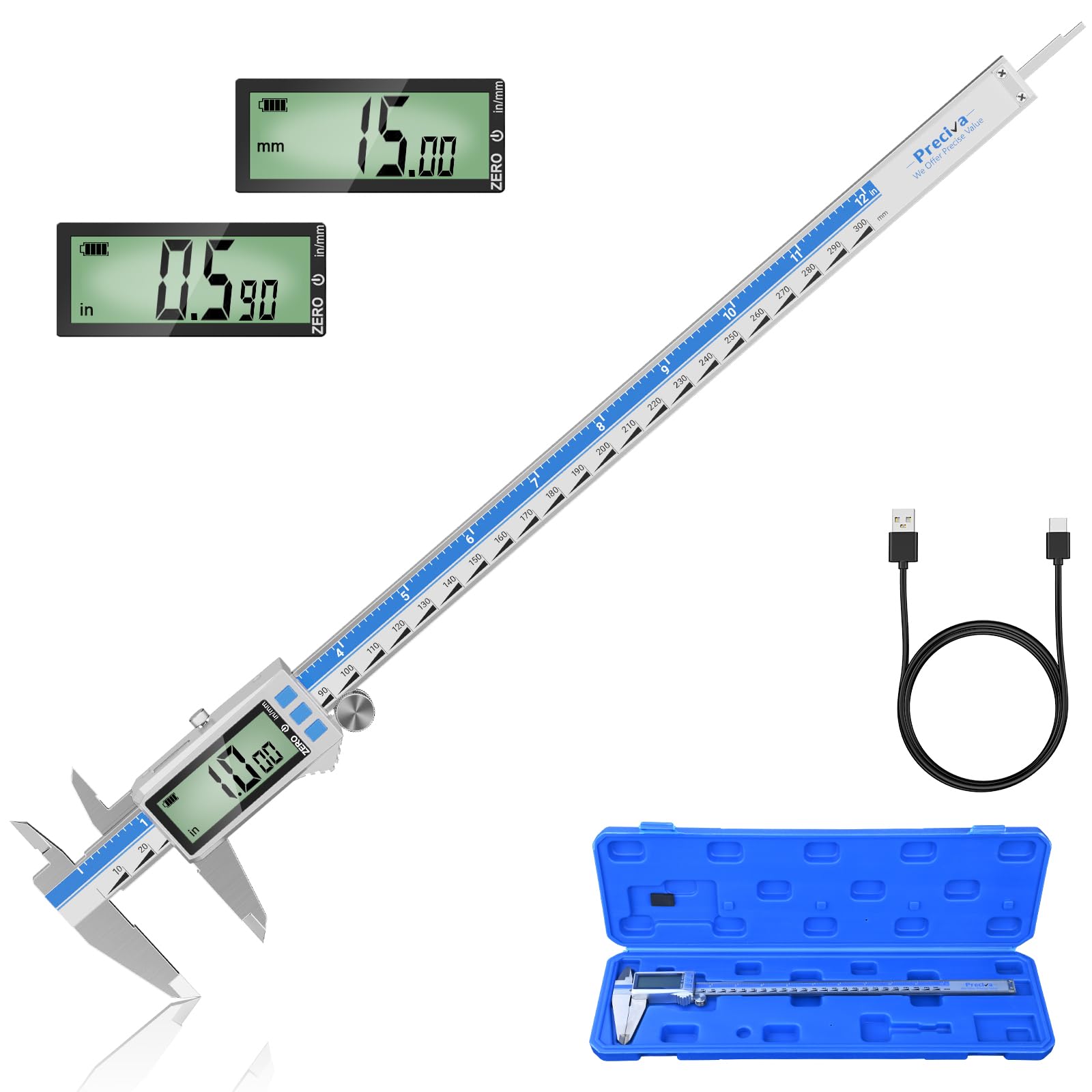 Calibre Digital Recargable Pantalla TáCtil,Calibrador Digital ElectróNico de PrecisióN 300mm/12pulgadas,Pie de Rey ElectróNico con Pantalla Lcd（Azul Plateado）
