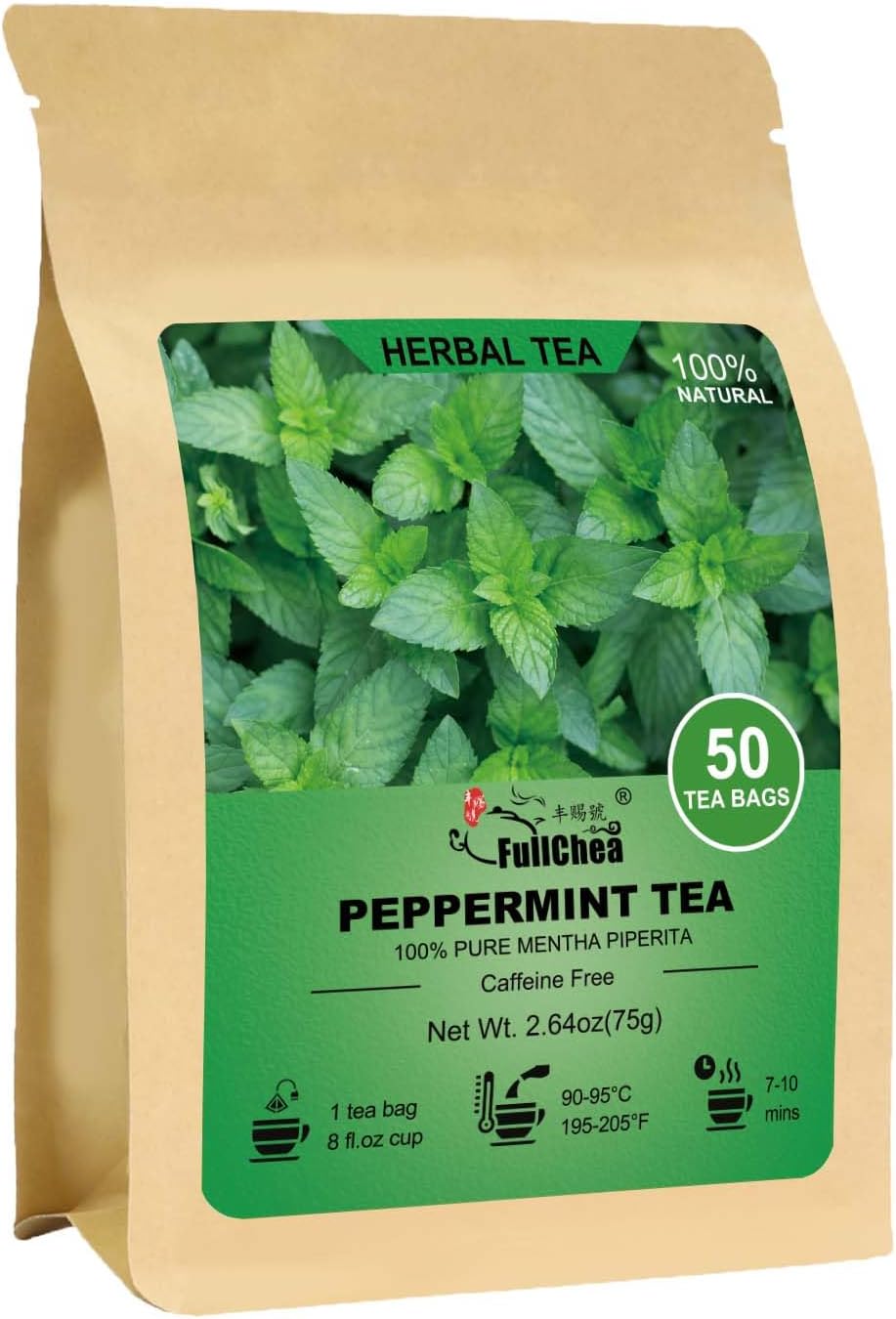 FullChea - Peppermint Tea Bags, 50 Teabags - Premium Peppermint Leaves - Refreshing & Minty - Non-GMO - Caffeine-free - Freshen Breath & Aid Digestion