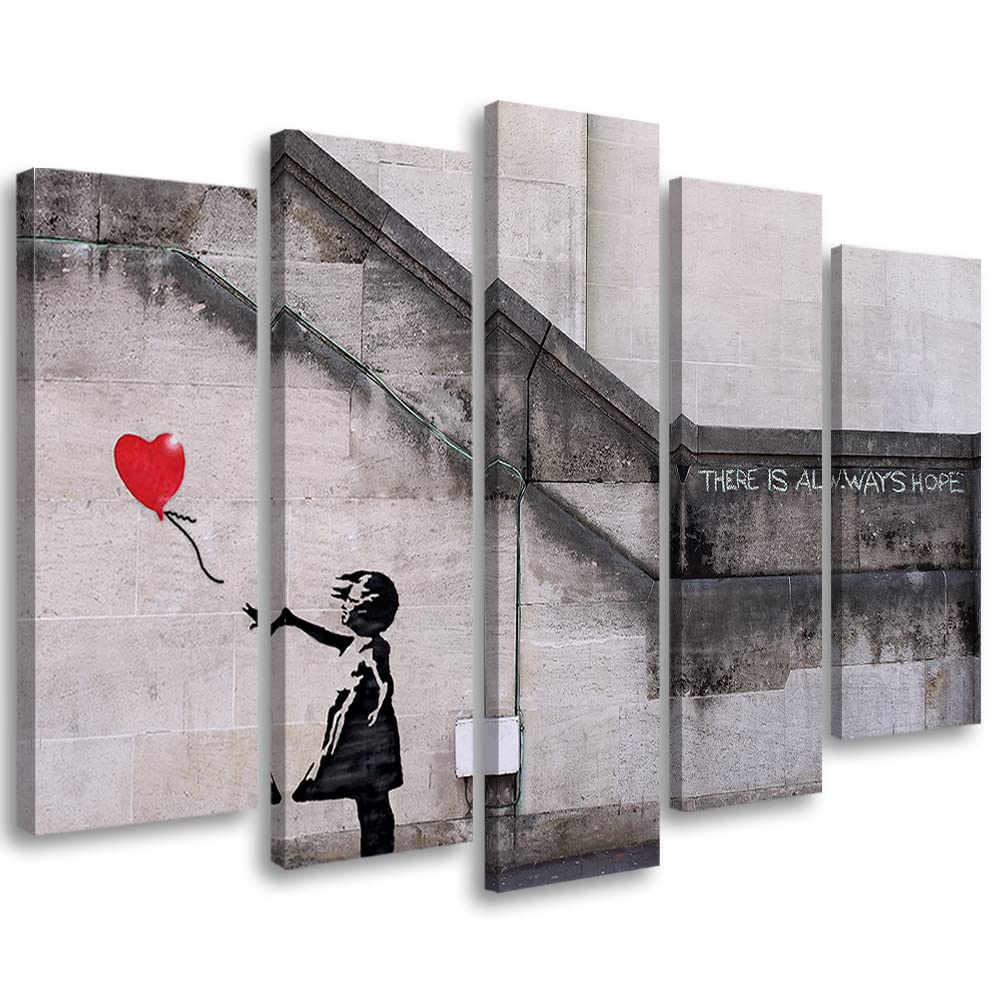 Feeby Leinwandbild 5-teilig 200x100 cm Straßenkunst Banksy Graffiti Bild Wanddeko Wand Bild Kunstdruck Deko Wohnzimmer Mädchen mit Luftballon Fototapete Grau